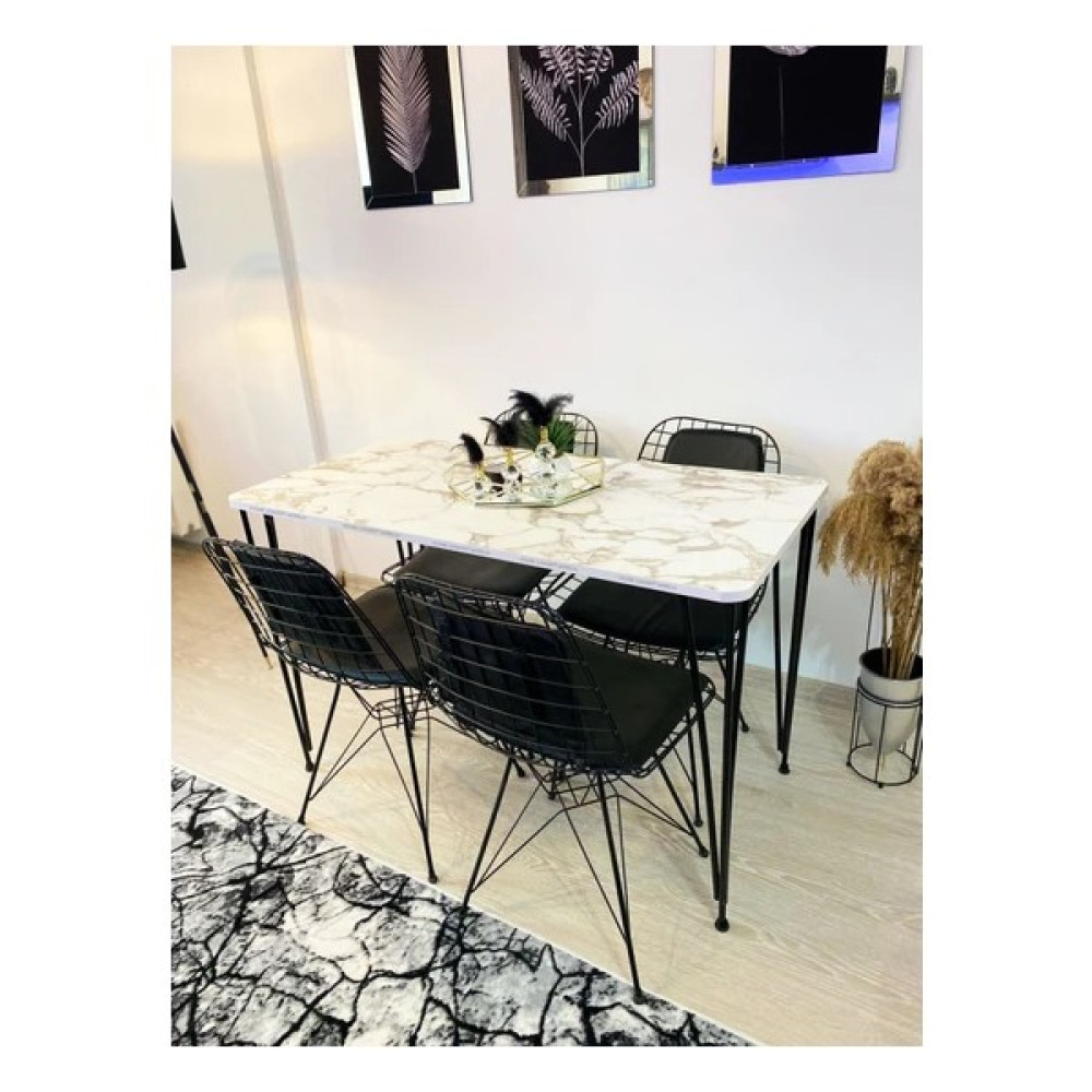 Emek Masa Takımı Mutfak Masası Sırt Minderli 4'lü Tel Sandalye + Masa 70 x 110 cm Beyaz Mermer Masa - Sandalye Seti / Takımı Fiyatı