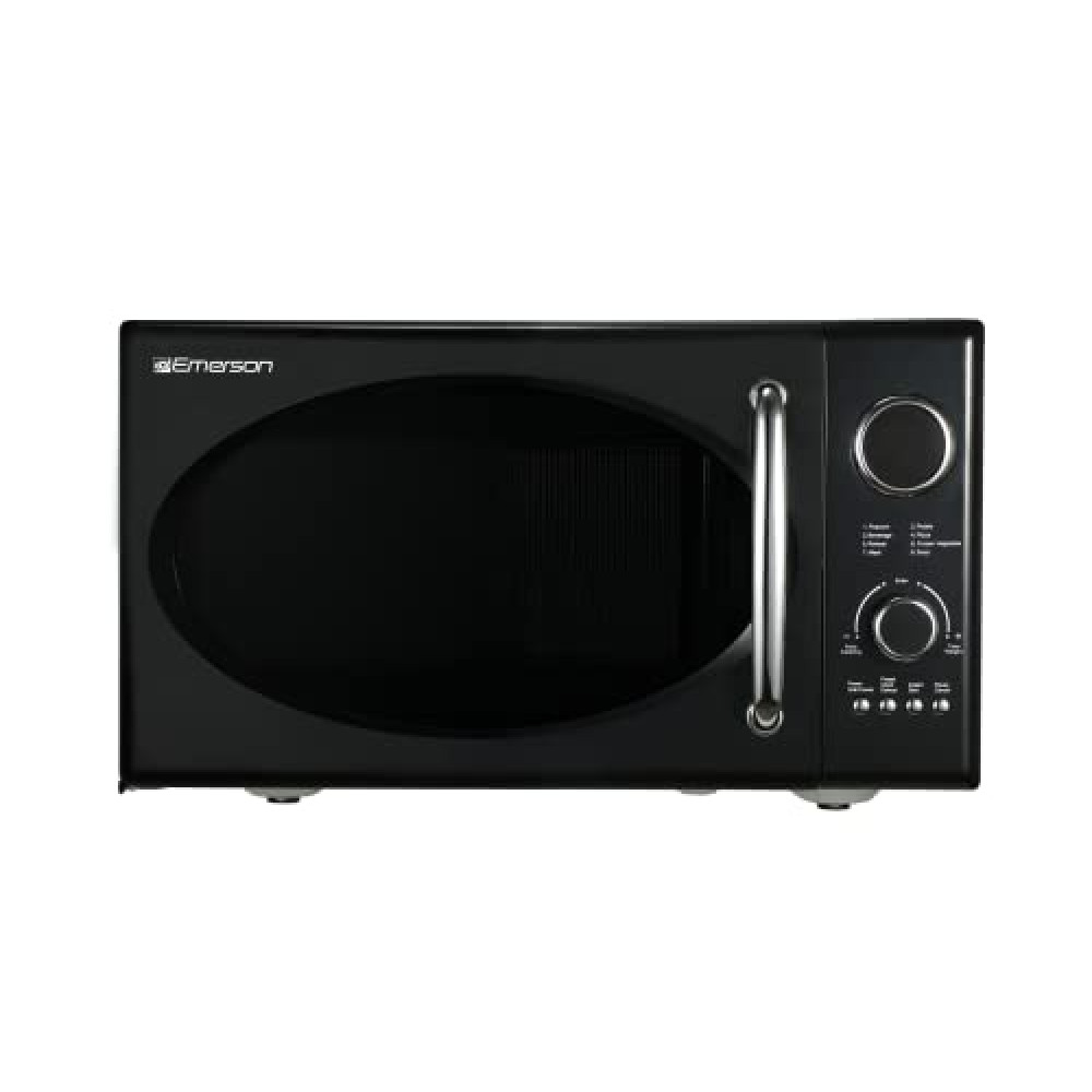 Emerson MWRG0901BK Retro Compact Countertop 800W Microwave Oven with 1,000W Grill Function, LED Display, 5 Power Levels, 8 Auto Menus, Glass Turntable and Child Safe Lock, 0.9 Cu. Ft., Black