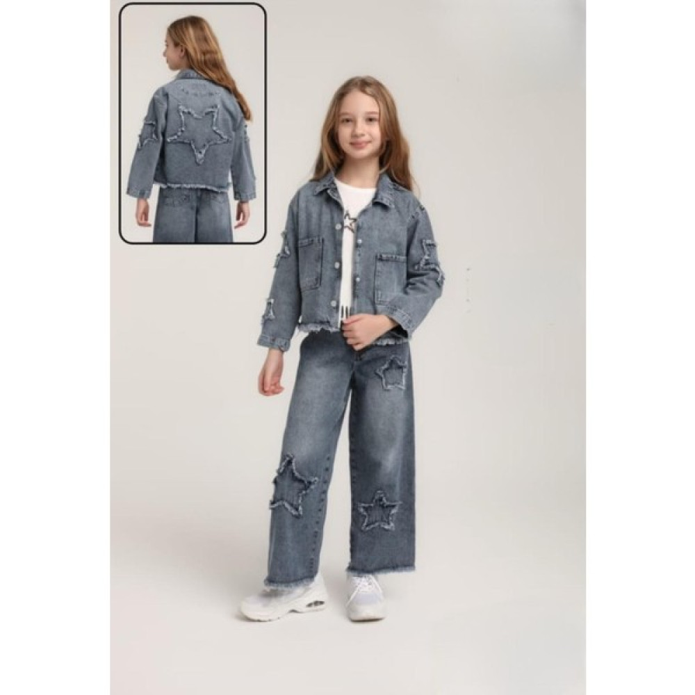 Emila Kids Ildız Detaylı Yumuşak Dokulu Bol Paça Wide Leg Jean Yıldız Detaylı Ceket Kız Çocuk Giyim Takımı Fiyatı