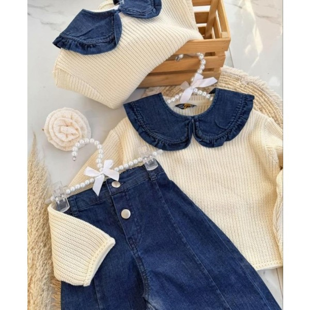 Emila Kids Kız Çocuk Triko Yaka Detaylı Çizgili Kot Pantolon Takım Kız Çocuk Giyim Takımı Fiyatı