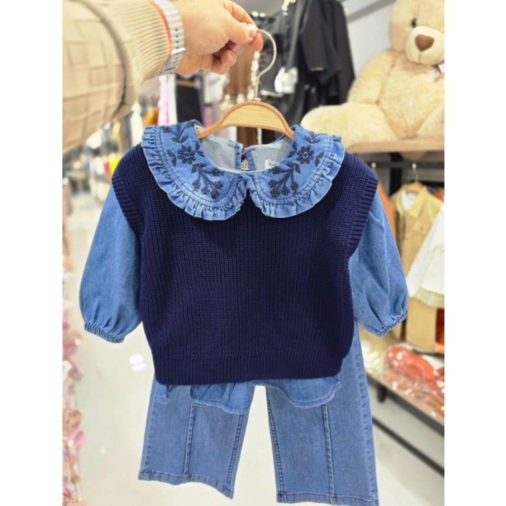 Emila Kids Kız Çocuk Triko Yaka Detaylı Kot Pantolon Takım Kız Çocuk Giyim Takımı Fiyatı