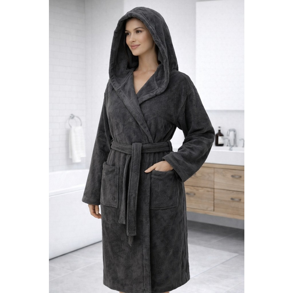 Emillie %100 Pamuk Bukle Ihracat Fazlası Unisex Düz Bornoz - Yüksek Kaliteli- - L - XL - Antrasit Bornoz Fiyatı