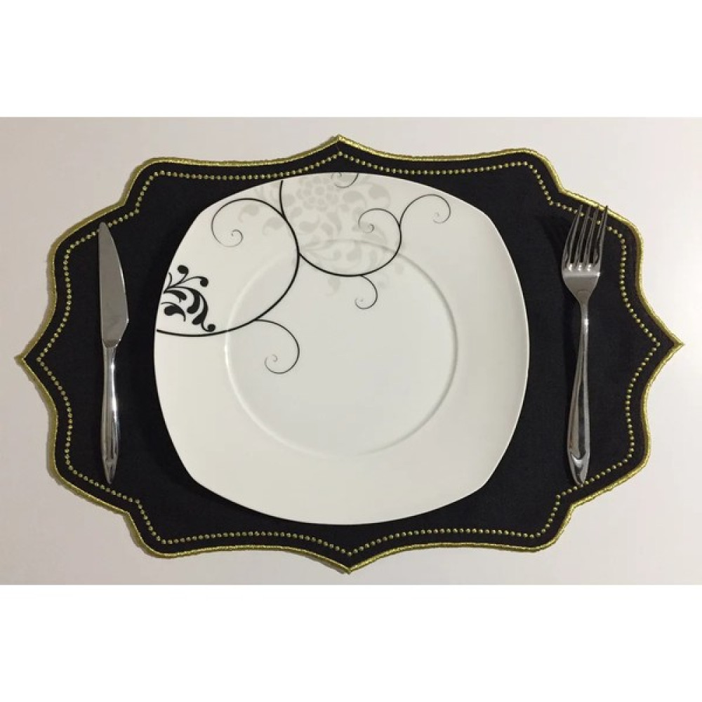 Emir-Ay 6 Adet Nakışlı Siyah Keten Amerikan Servis - Keten Supla - 33 x 48 cm - Gold Amerikan Servis Fiyatı