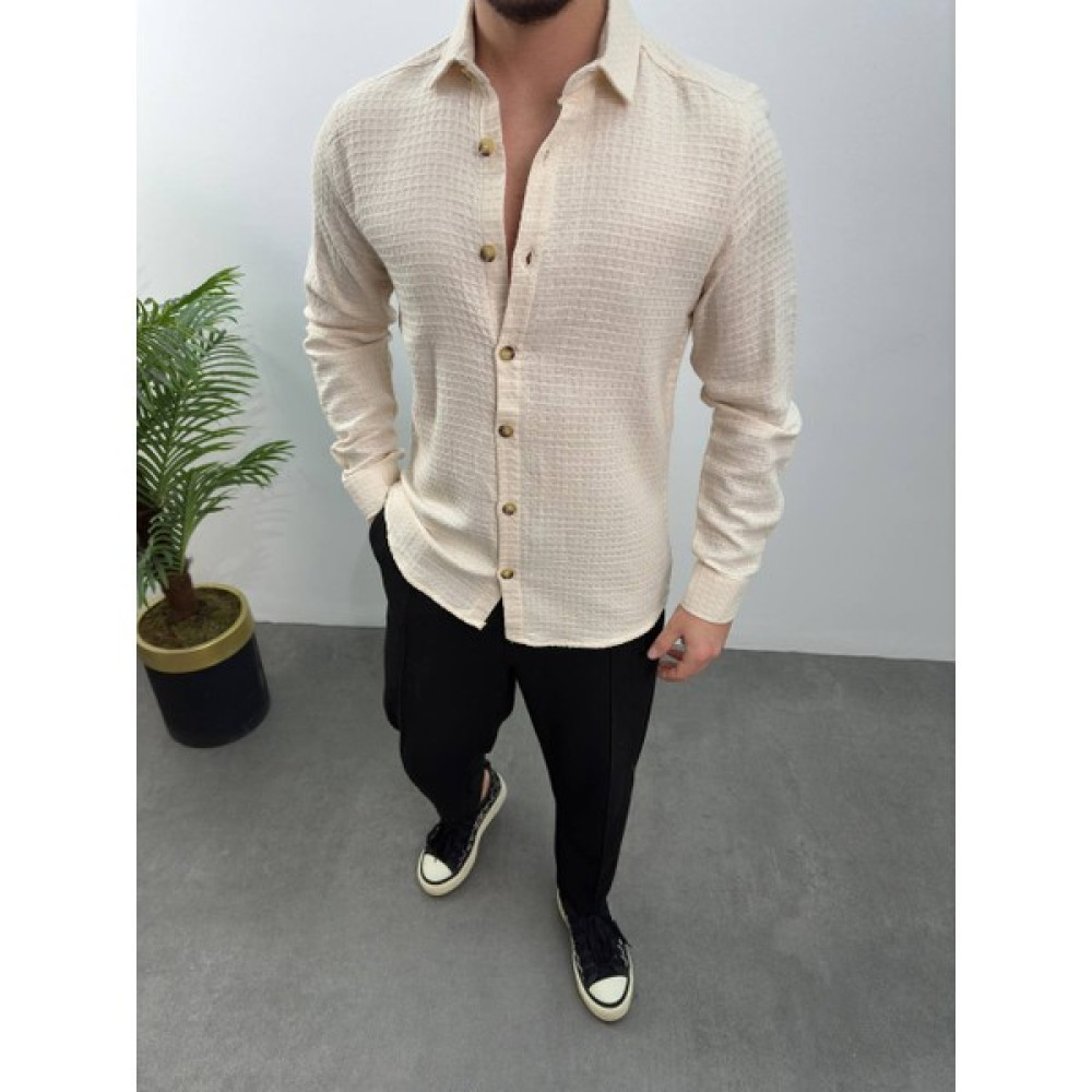 Emir Fashion Erkek Oversize Gömlek Yaka Uzun Kollu Waffe Desenli Keten Yazlık Gömlek Erkek Gömlek Fiyatı