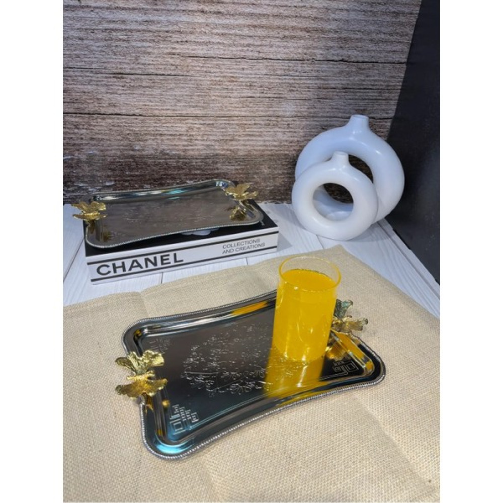 Emir Home Shop 2 Adet Paslanmaz Çelik Dekoratif Kelebek Lazer Desenli Ikramlık Sunumluk Kare Çay ve Kahve Tepsisi Servis Tepsisi Fiyatı