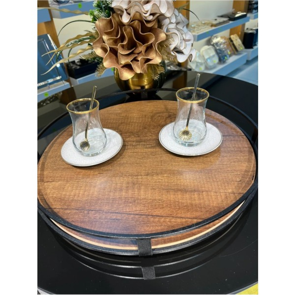 Emir Home Shop Ahşap Zeminli Metal Gövdeli Dekoratif Siyah Yuvarlak Tepsi Çay Kahve Servis Sunum Tepsisi Ikramlık Servis Tepsisi Fiyatı