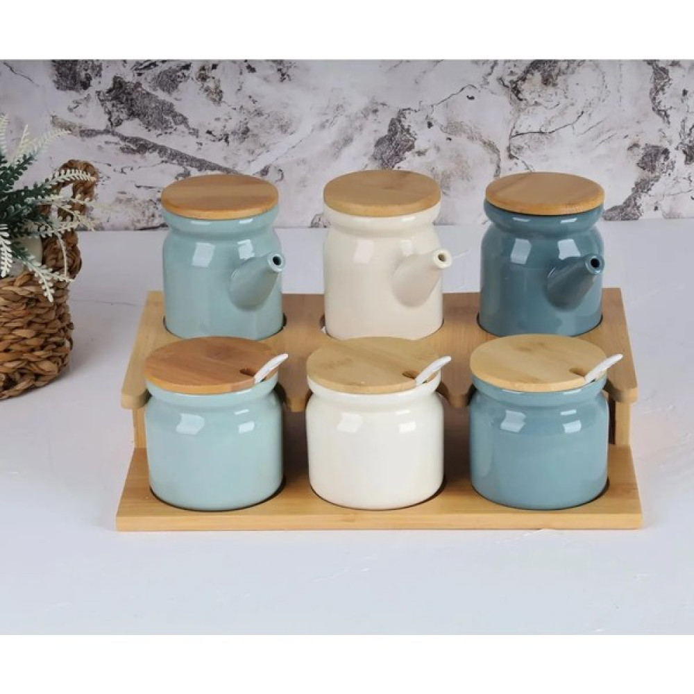 Emir Home Shop Bambu Standlı Porselen Kaşıklı Baharat Takımı Yağlık ve Sirkelik Baharat Setleri & Baharatlıklar Fiyatı