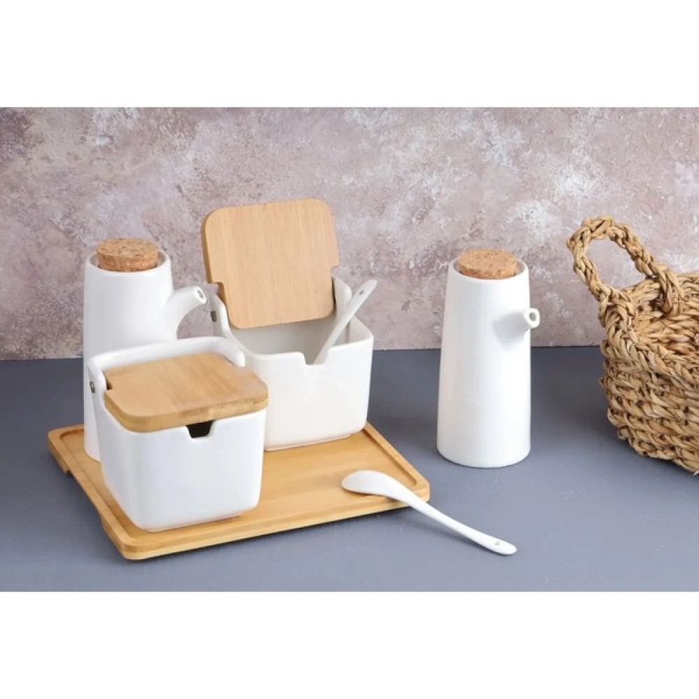 Emir Home Shop Bambu Tepsili Porselen Kaşıklı Baharat Takımı Yağlık ve Sirkelik Baharat Setleri & Baharatlıklar Fiyatı
