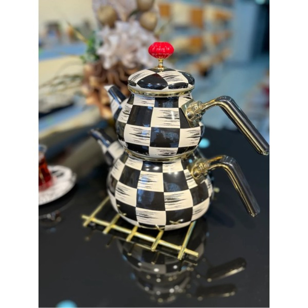 Emir Home Shop Dama Desen Siyah Krem Emaye Çaydanlık Takımı Damalı Çay / Çaydanlık Setleri Fiyatı