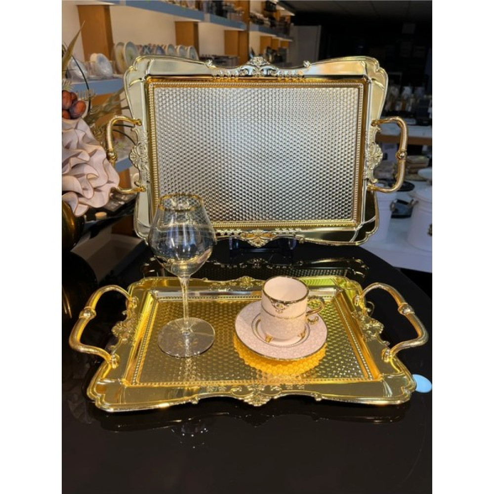 Emir Home Shop Emaye Lüx 2'li Kulplu Metal Tepsi Çay Kahve Sunum Tepsisi Ikramlık Gold Servis Tepsisi Fiyatı