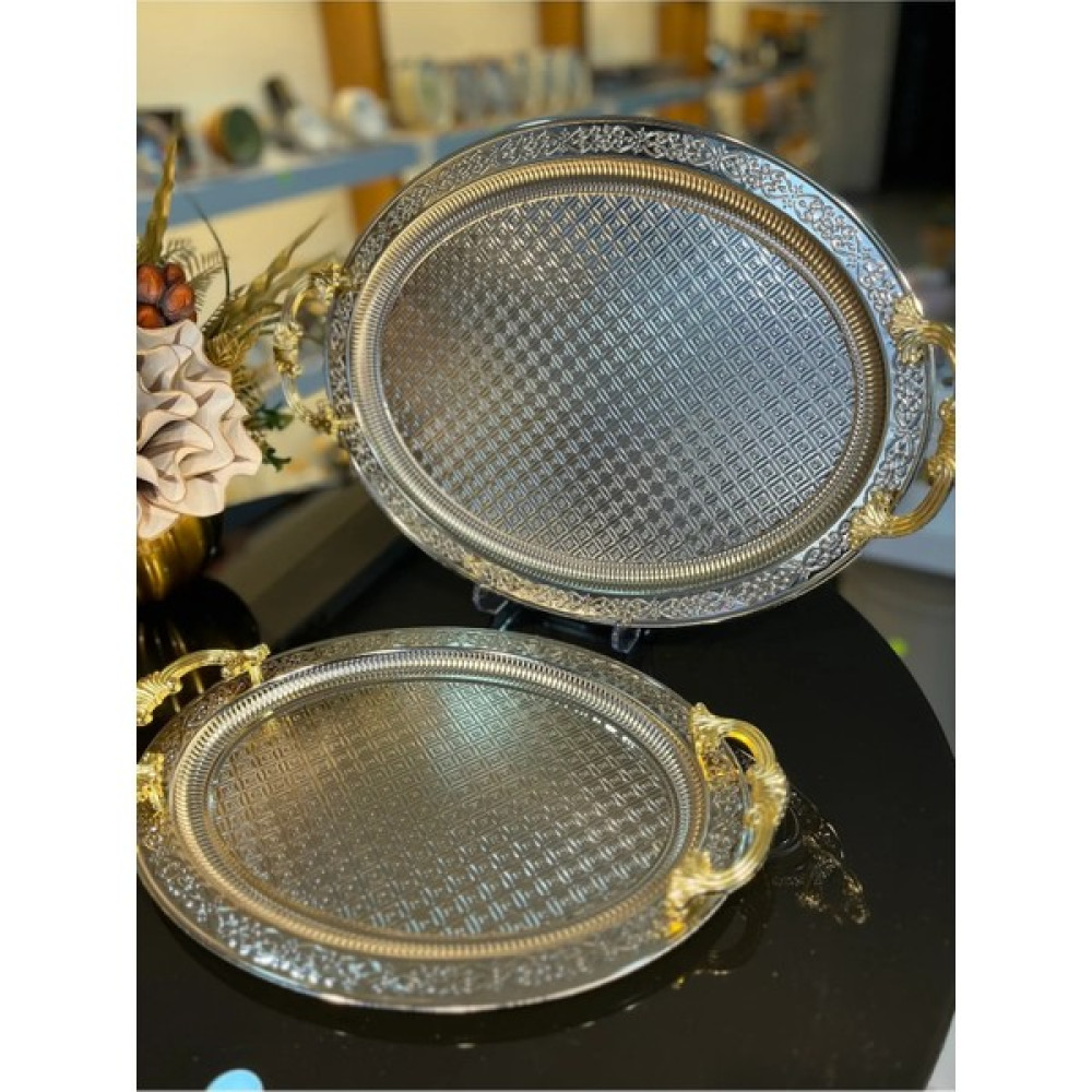 Emir Home Shop Emaye Lüx 2'li Kulplu Metal Tepsi Çay Kahve Sunum Tepsisi Ikramlık Gümüş Gold Servis Tepsisi Fiyatı