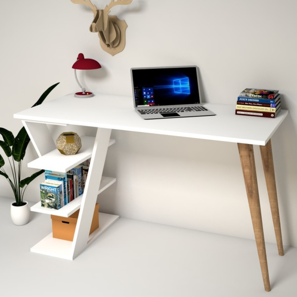 Emkawood Cross Masif Ayaklı Raflı Beyaz Çalışma Masası - Y: 75 cm D: 60 cm G: 120 cm Çalışma Masası Fiyatı