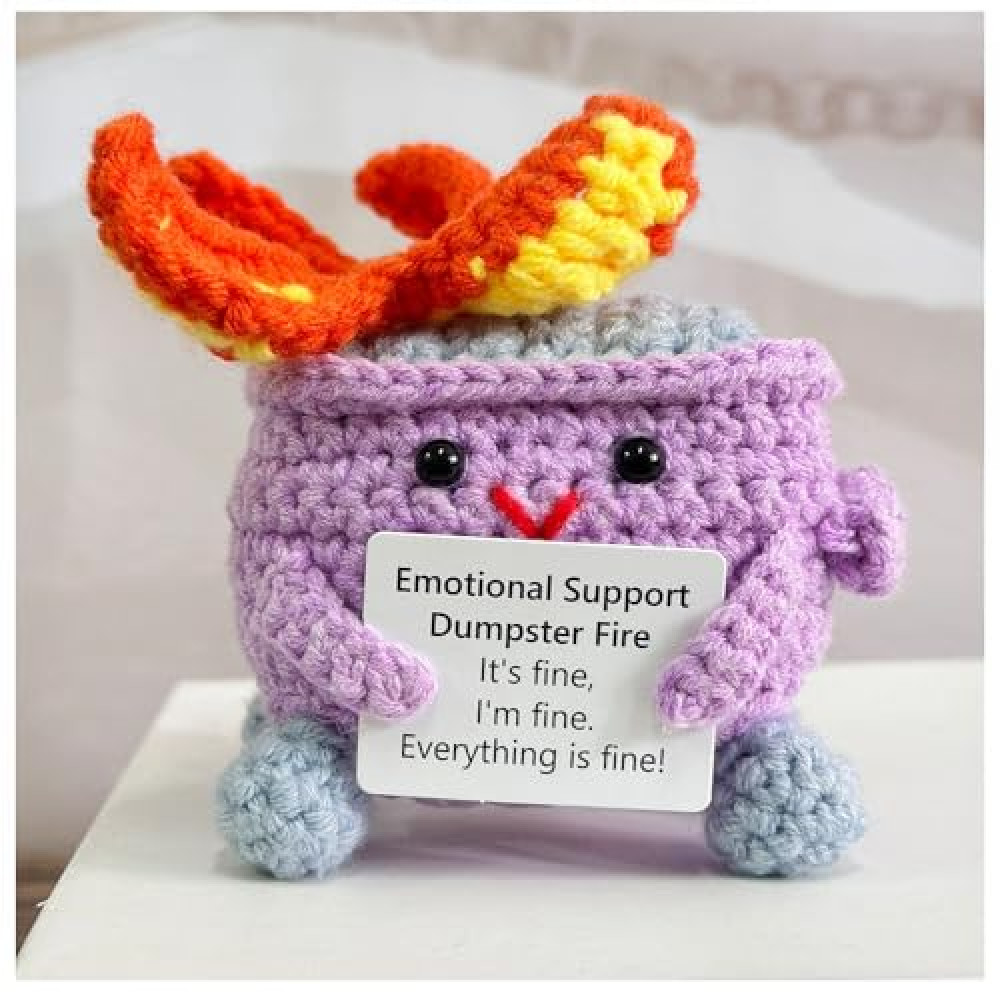 Emotional Support Crochet Dumpster Fire with Positive Card Cute Room Decor Knitted Toys Funny Crochet Support Buddies Gifts for Friends (Purple)