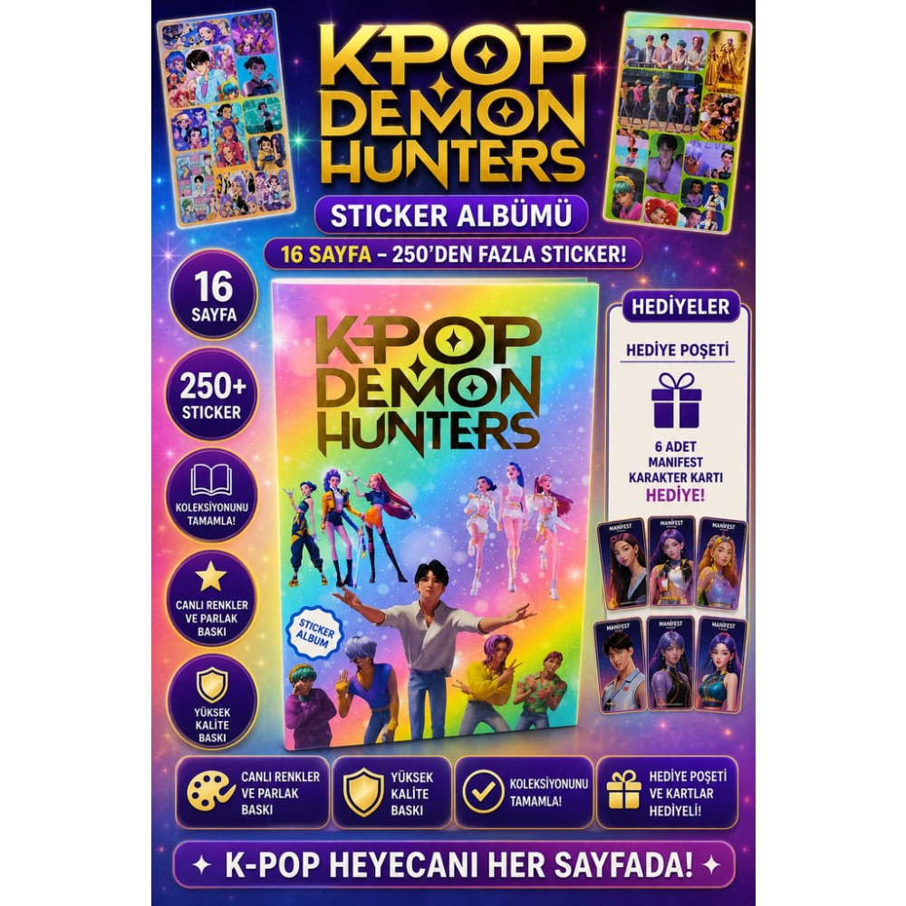 Emrah Gültekin K-Pop Demon Hunters Sticker Albümü 16 Sayfa 250+ Sticker Hediye Poşetli 6 Manifest Karakter Kartı - Çok Renkli - 1 Adet Diğer Fiyatı