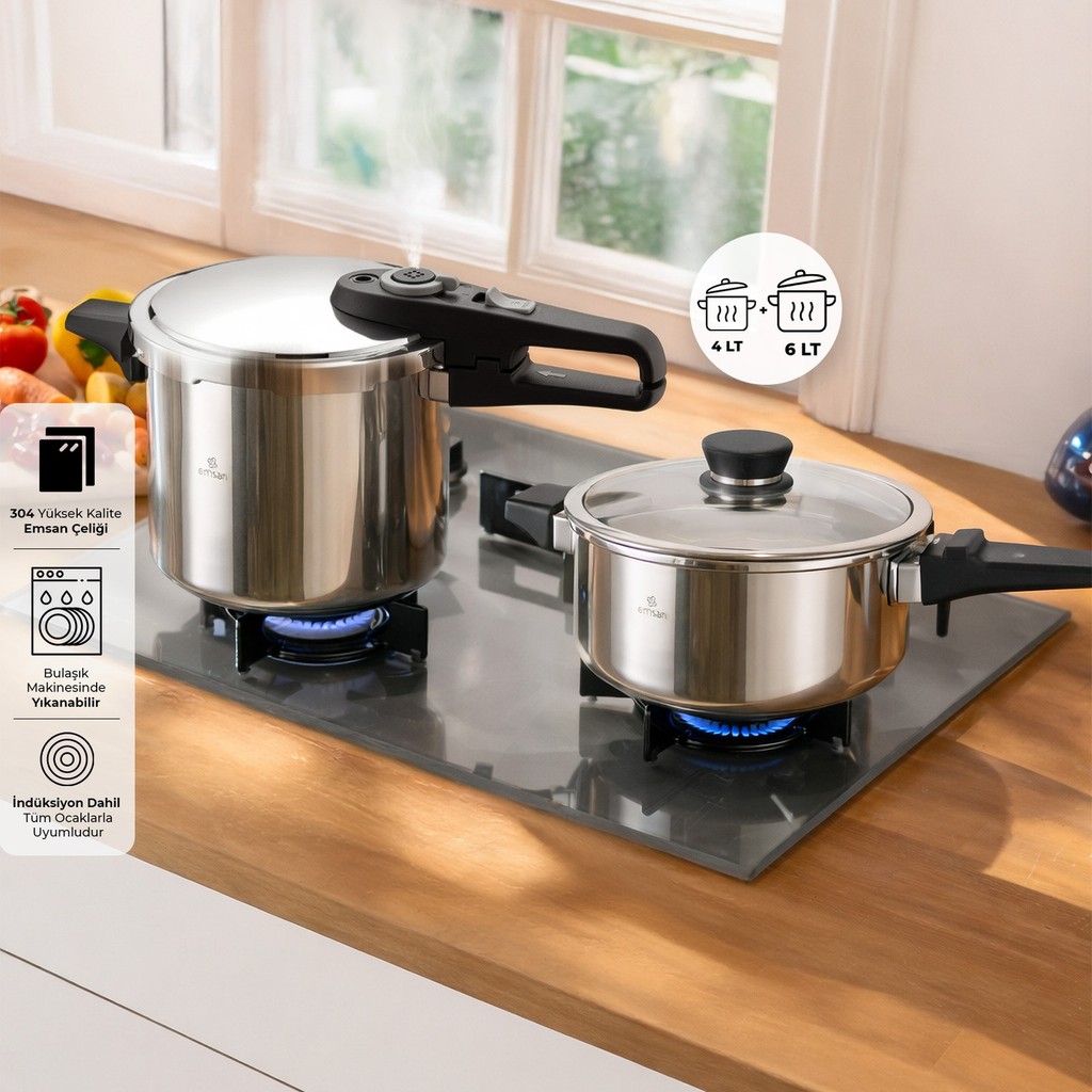 Emsan Fast Cooker Çift Emniyetli Düdüklü Tencere 4 +6 Lt - 4 - 6 L Set - Siyah Tencereler Fiyatı