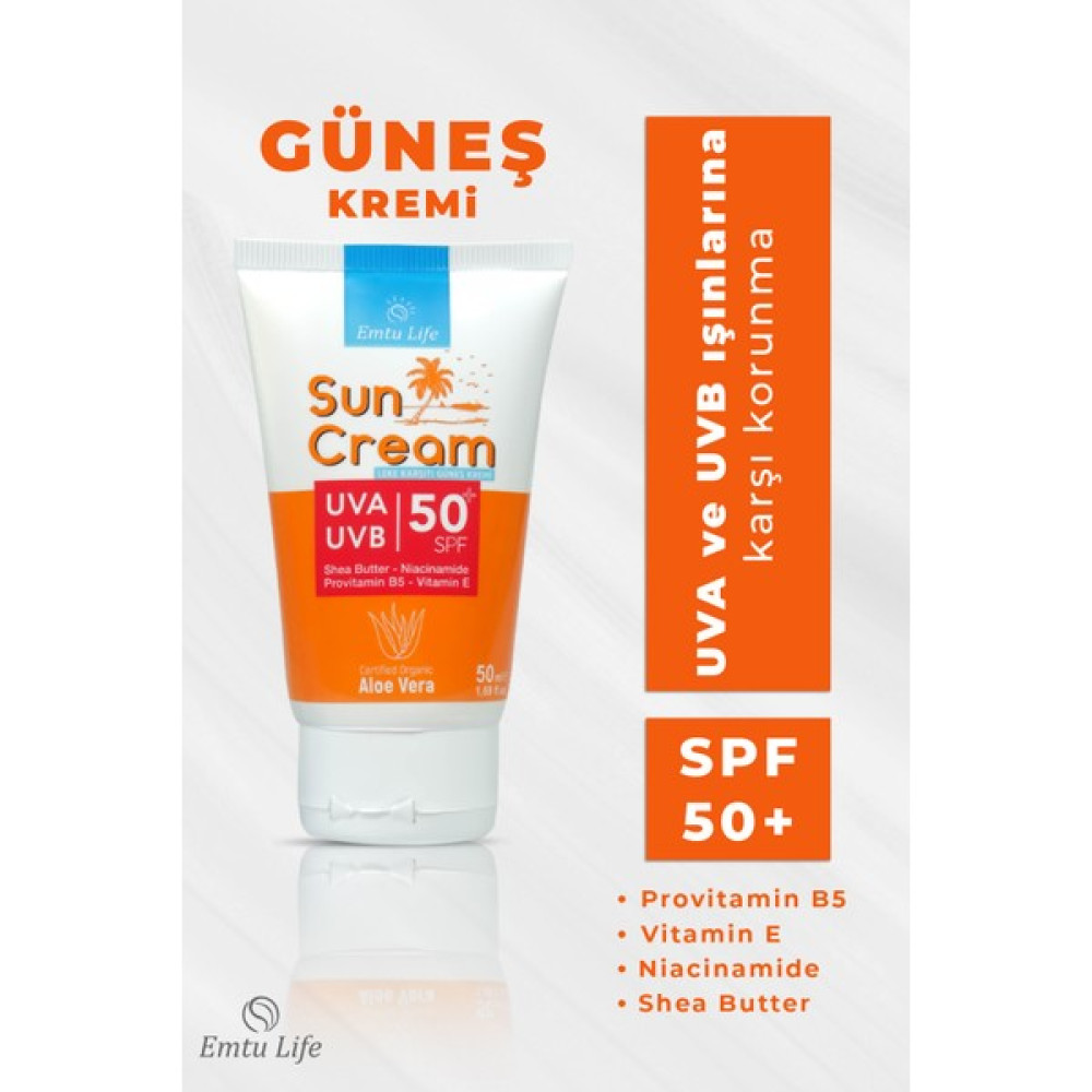 Emtu Life 50 SPF+ Güneş Kremi Tüm Cilt Tipleri İçin Leke Karşıtı, Aloe Vera ve Vitamin E içerir 50 ml Güneş Kremleri ve Losyonları Fiyatı