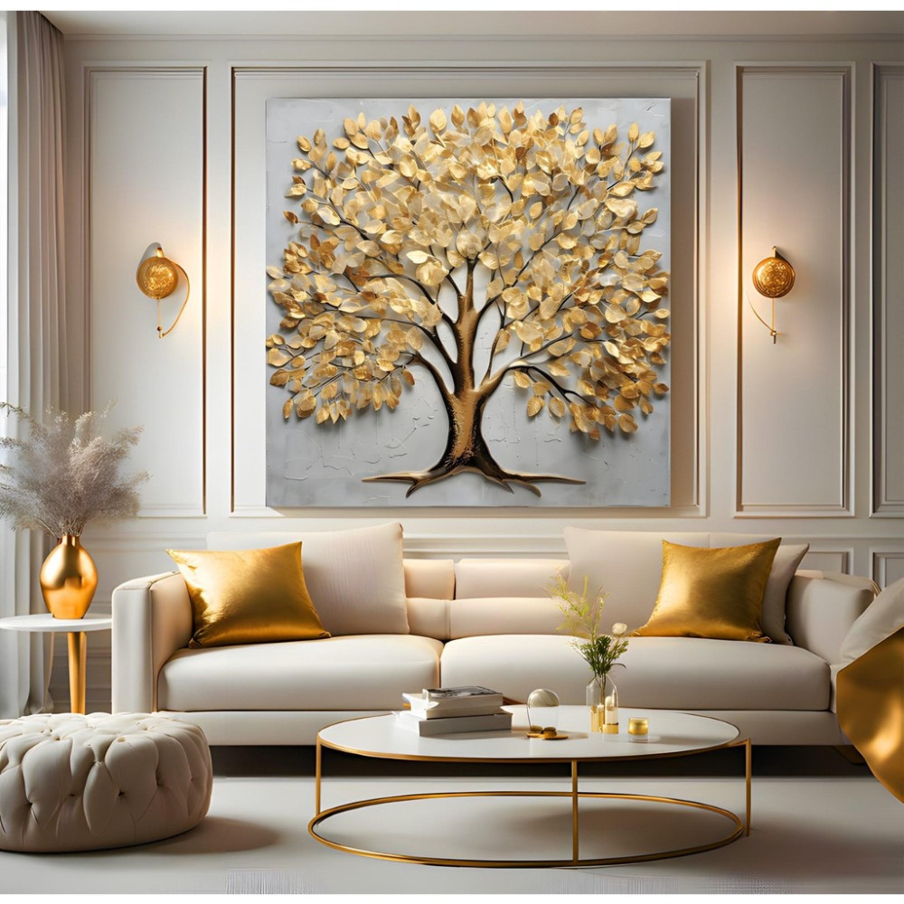 Emya Home Altın Ağaç Kanvas Tablo - 110x110 cm Kanvas Tablo Fiyatı