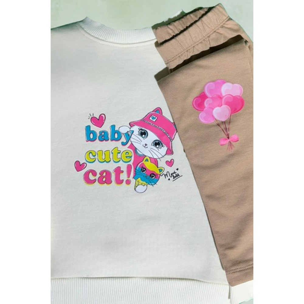 emytof Kız Çocuk Beyaz Babycute Kedi Karakterli Alt Üst Şardonlu Çocuk Takım Kız Çocuk Giyim Takımı Fiyatı