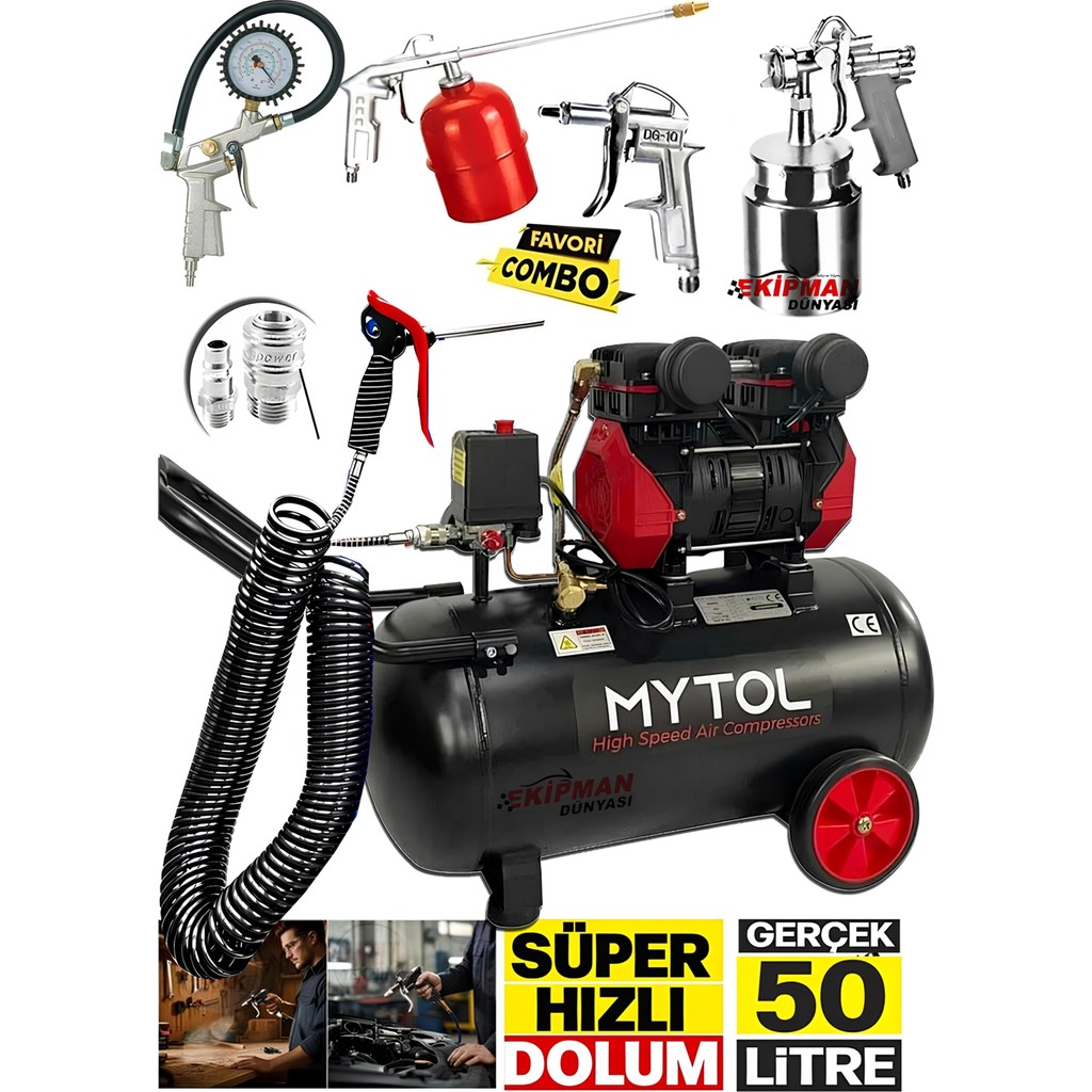 En Çok Tercih Edilen 1,5 Hp 50 Litre Yağsız Sessiz Hava Kompresörü ve Havalı Alet Seti Boya Seti Hava Kompresörü Fiyatı