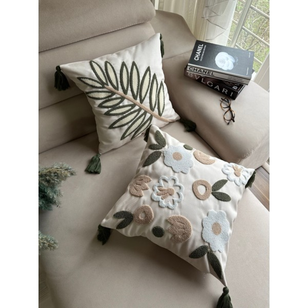 En Gözde Home Punch Nakışlı 2 Adet Kırlent Kılıfı - 43 x 43 cm - Ekru - Yeşil Kırlent / Mobilya Yastığı Fiyatı