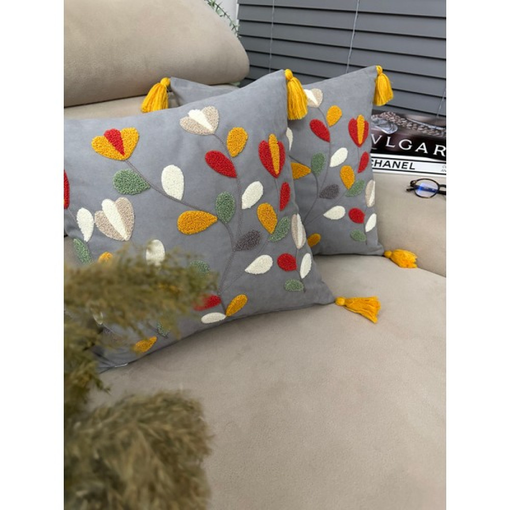 En Gözde Home Punch Nakışlı 2 Adet Kırlent Kılıfı - 43 x 43 cm - Gri - Hardal Kırlent / Mobilya Yastığı Fiyatı