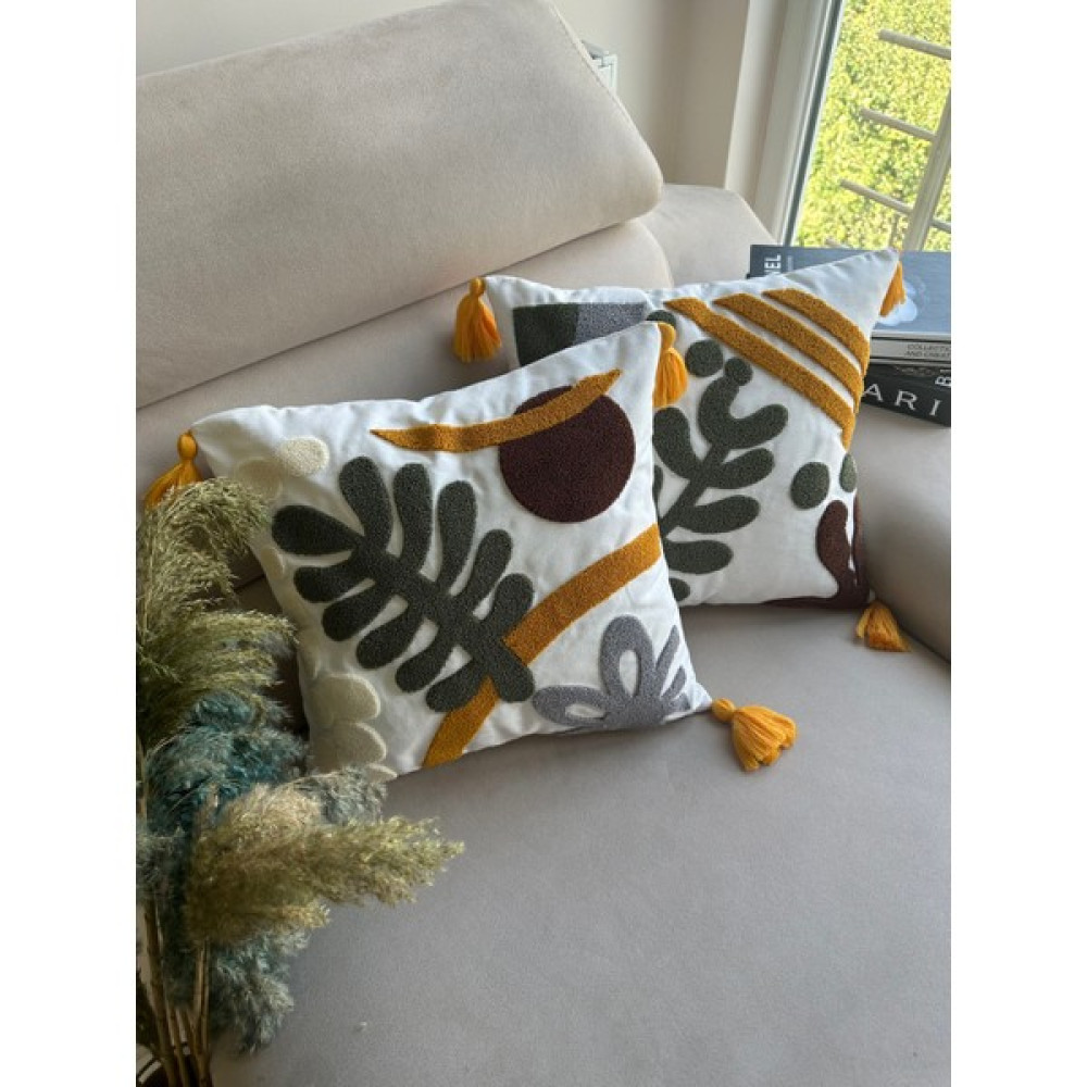 En Gözde Home Punch Nakışlı 2 Adet Kırlent Kılıfı - 43 x 43 cm - Koyu Yeşil - Gri Kırlent / Mobilya Yastığı Fiyatı