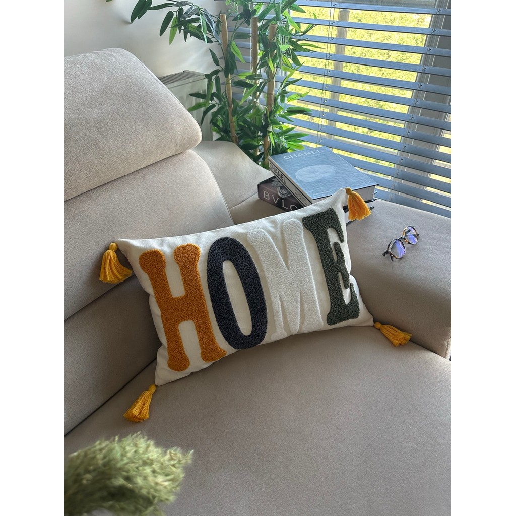 En Gözde Home Punch Nakışlı Dikdörtgen Kırlent Kılıfı - 35 x 50 cm - Hardal - Ekru Kırlent / Mobilya Yastığı Fiyatı