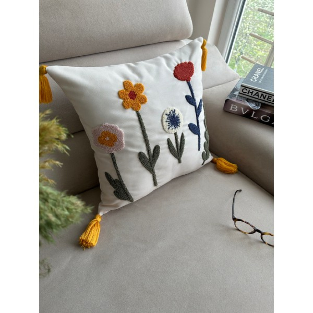 En Gözde Home Punch Nakışlı Kırlent Kılıfı - 43 x 43 cm - Bej - Hardal Kırlent / Mobilya Yastığı Fiyatı
