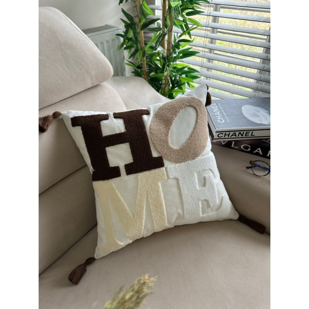 En Gözde Home Punch Nakışlı Kırlent Kılıfı - 43 x 43 cm - Kahve - Krem Kırlent / Mobilya Yastığı Fiyatı