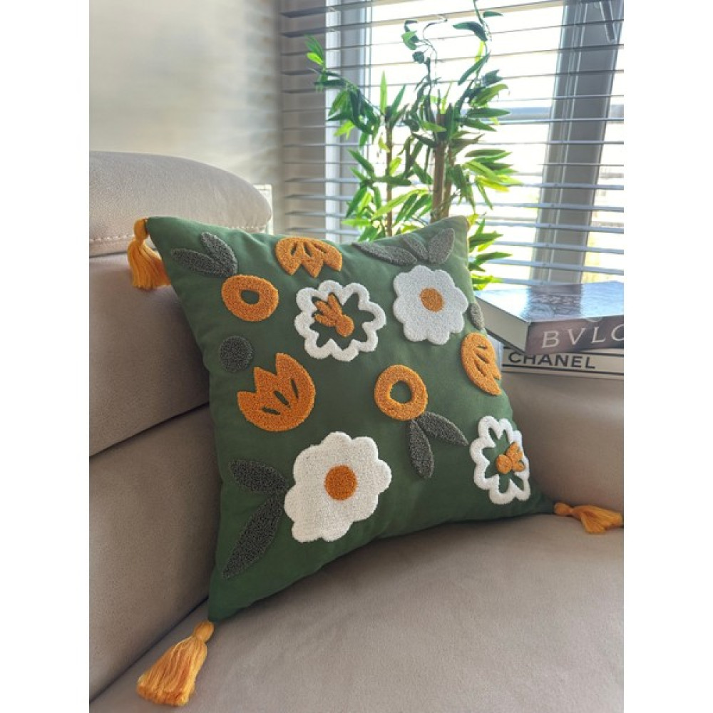 En Gözde Home Punch Nakışlı Kırlent Kılıfı - 43 x 43 cm - Yeşil - Hardal Kırlent / Mobilya Yastığı Fiyatı