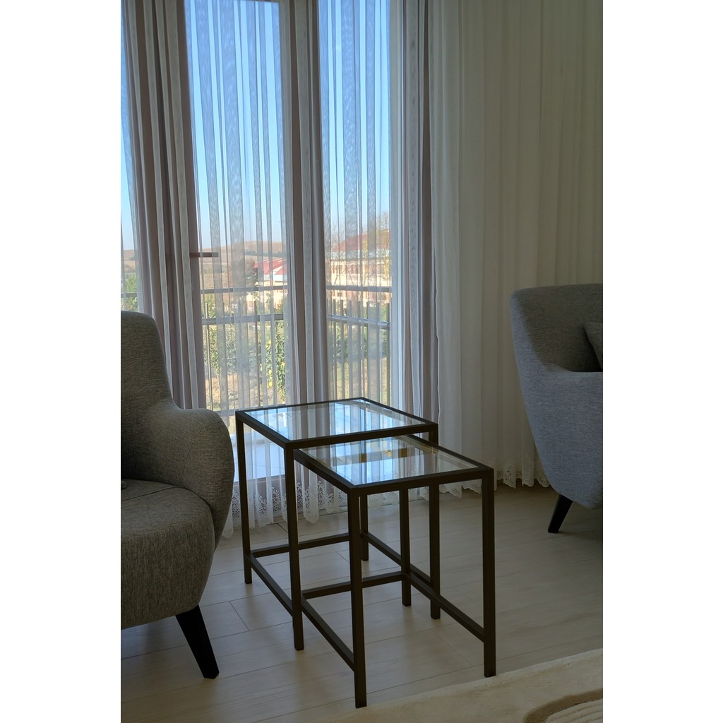 En Temiz Şeffaf Camlı Siyah Zigon Sehpa Metal Malzeme ile 45x45 cm Kare Tasarım 2 Adet - siyah metal şeffaf cam Yan Sehpa Fiyatı