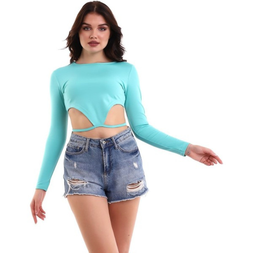 En Trend Moda Bel Üçgen Ip Detaylı Mint Yeşili Crop – C10023 Bluz Fiyatı