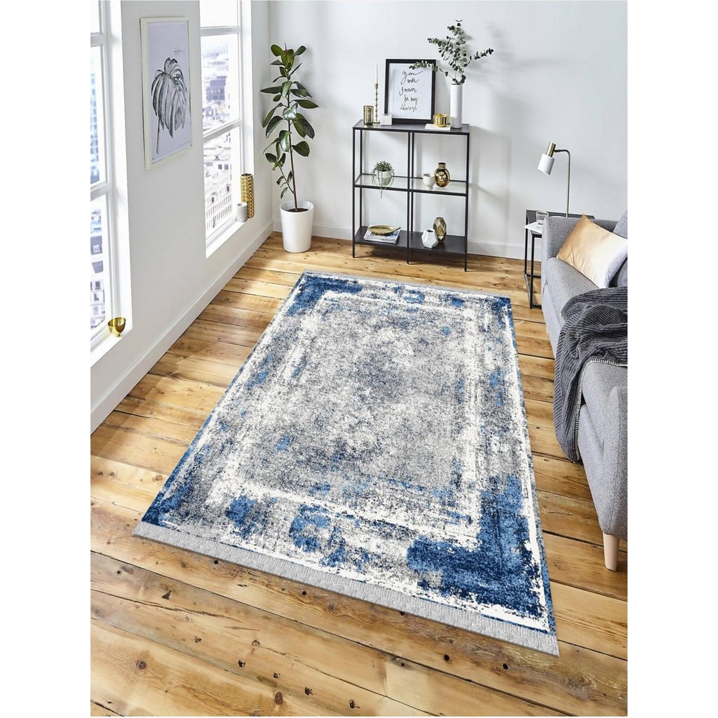 En Uygun Halı Dekoratif Kaymaz Taban Yıkanabilir Modern Halı DELÜX-5043 - 160 x 280 cm - Mavi Salon Halısı Fiyatı