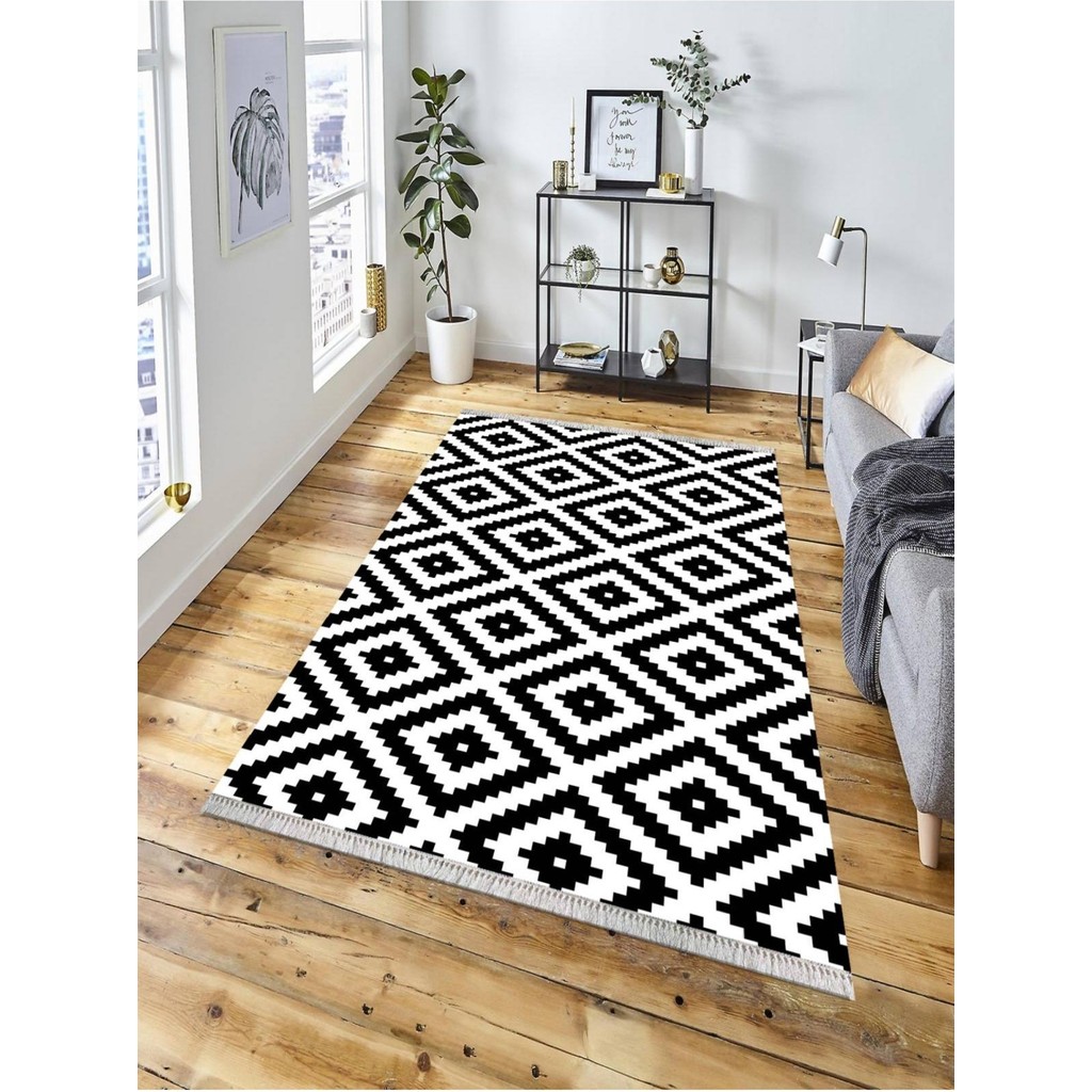 En Uygun Halı Dekoratif Kaymaz Taban Yıkanabilir Modern Halı DELÜX-7008 - 200 x 290 cm - Siyah Salon Halısı Fiyatı
