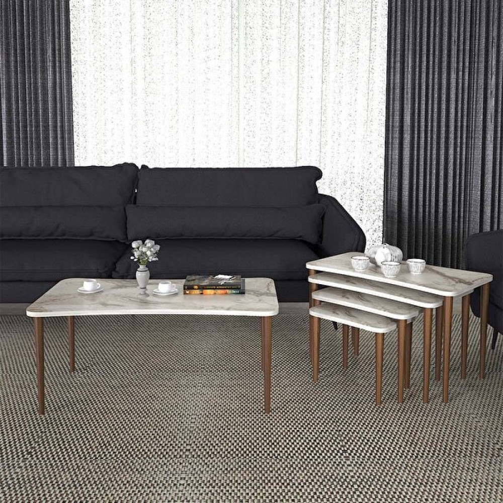 Enda Home 5'li Ahşap Ayaklı XL Beyaz Mermer Orta Sehpa ve Zigon Sehpa Seti Xl Beyaz Mermer Orta Sehpa Fiyatı