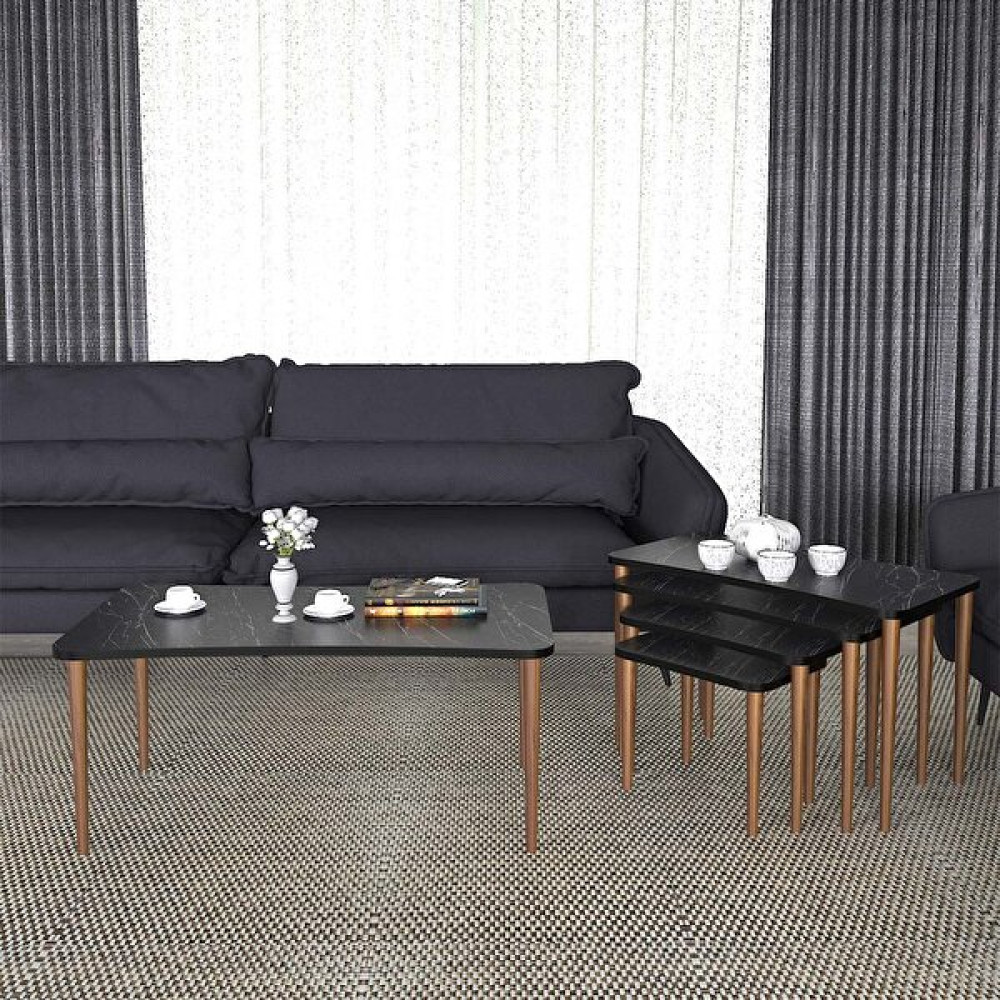 Enda Home 5'li Ahşap Ayaklı XL Siyah Mermer Orta Sehpa ve Zigon Sehpa Seti Orta Sehpa Fiyatı