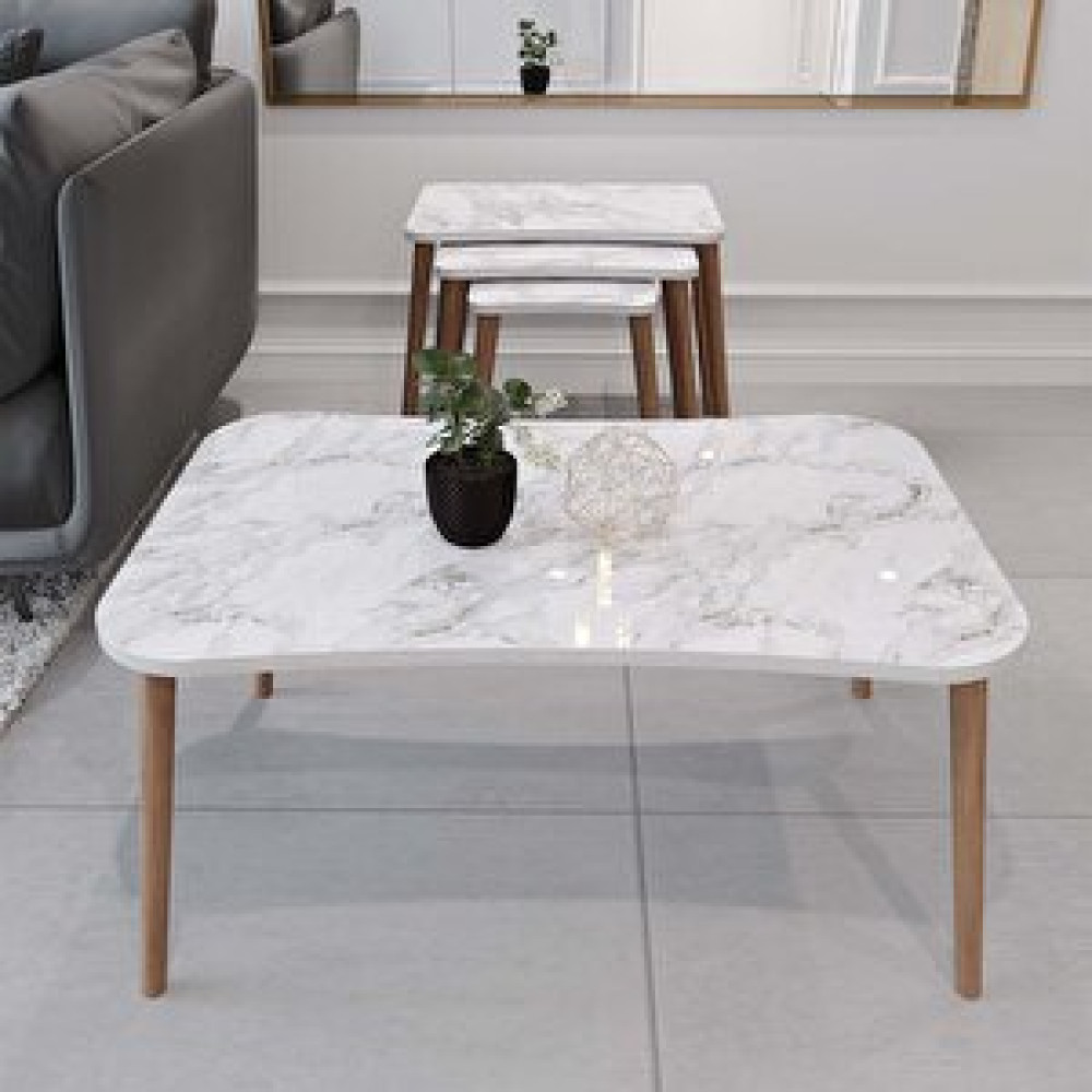 Enda Home Ahşap Ayaklı 4lü Zigon Sehpa Ve Orta Sehpa Seti Beyaz Mermer Desenli Beyaz Mermer Zigon Sehpa Fiyatı