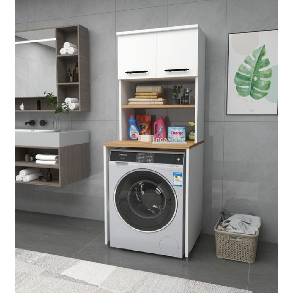 Enda Home Çamaşır Makinesi Dolabı 3 Raflı Kapaklı Banyo Dolabı Beyaz & Çam - Atlantik Çam - Beyaz Banyo Dolabı / Mobilyası Fiyatı