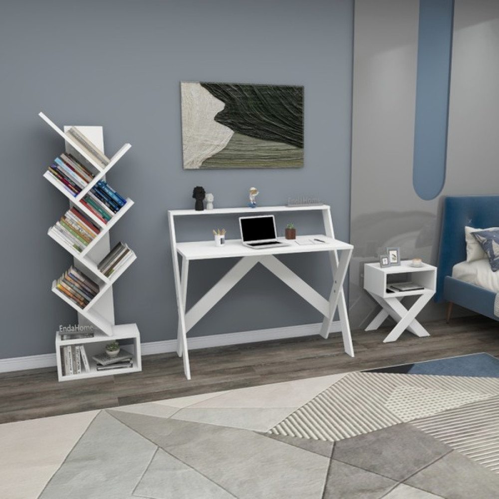 Enda Home Collection x Çalışma Odası Seti Çalışma Masası + Kitaplık + Komodin - 90x50x71 - Beyaz Çalışma Masası Fiyatı