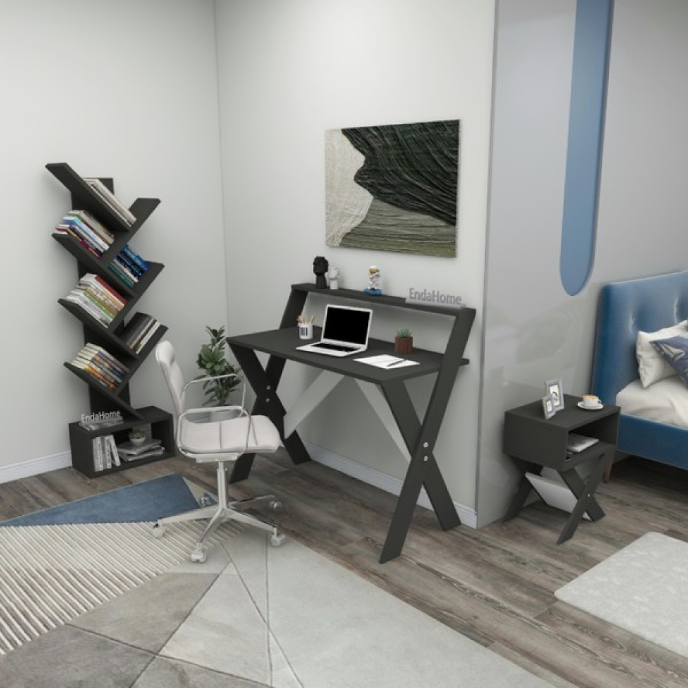 Enda Home Collection x Çalışma Odası Seti Çalışma Masası + Kitaplık + Komodin - 90x50x71 - Koyu Gri Çalışma Masası Fiyatı