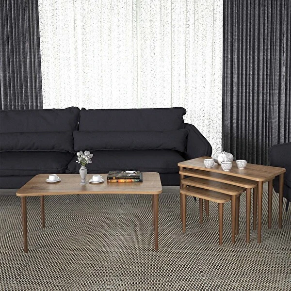 Enda Home Erendiz 5'li Ahşap Ayaklı Orta Sehpa ve Zigon Sehpa Seti XL Ceviz Orta Sehpa Fiyatı