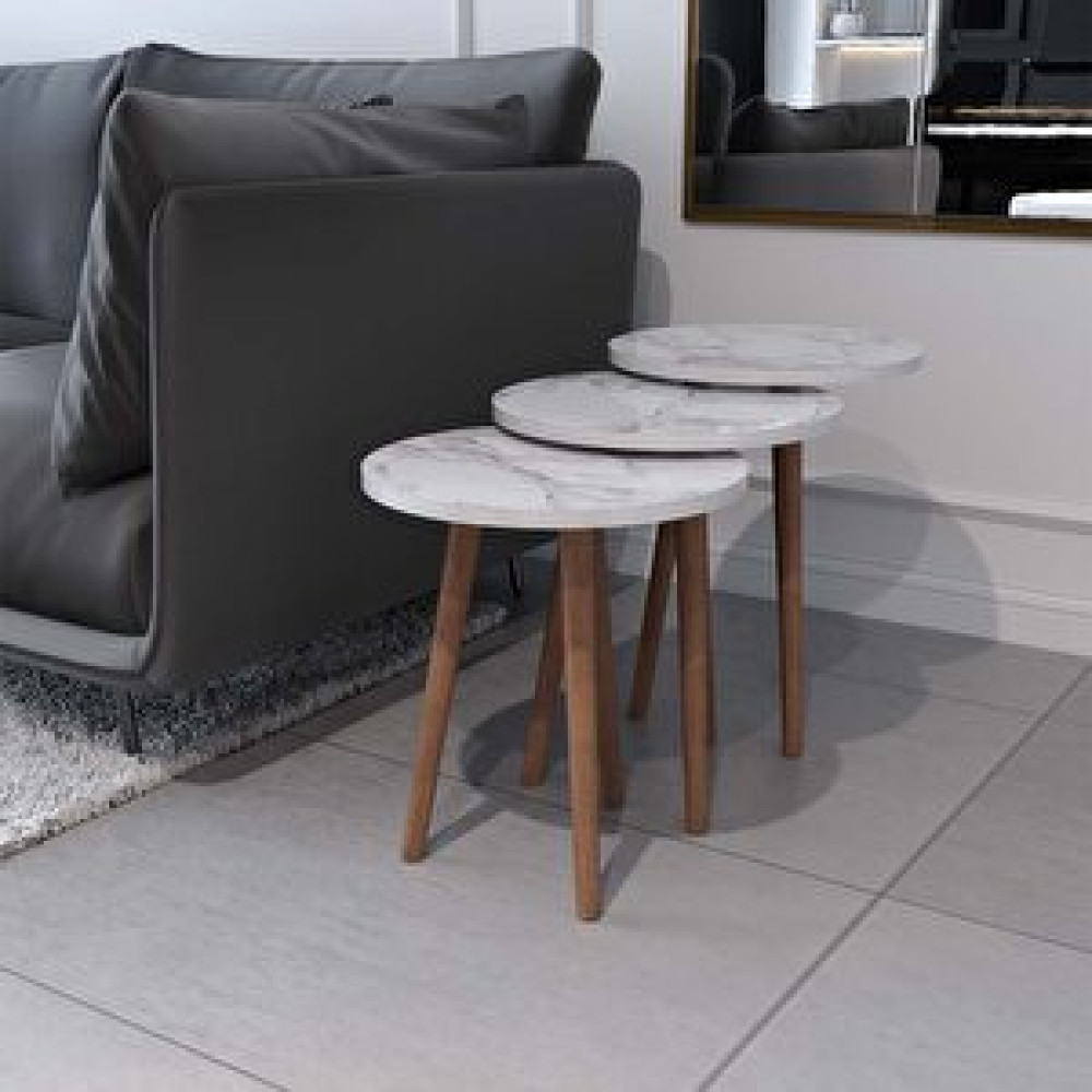 Enda Home Tokyo 3lü Zigon Sehpa Yan Sehpa 3'lü Ahşap Ayaklı Yuvarlak Sehpa Beyaz Mermer Desen Beyaz Mermer Orta Sehpa Fiyatı