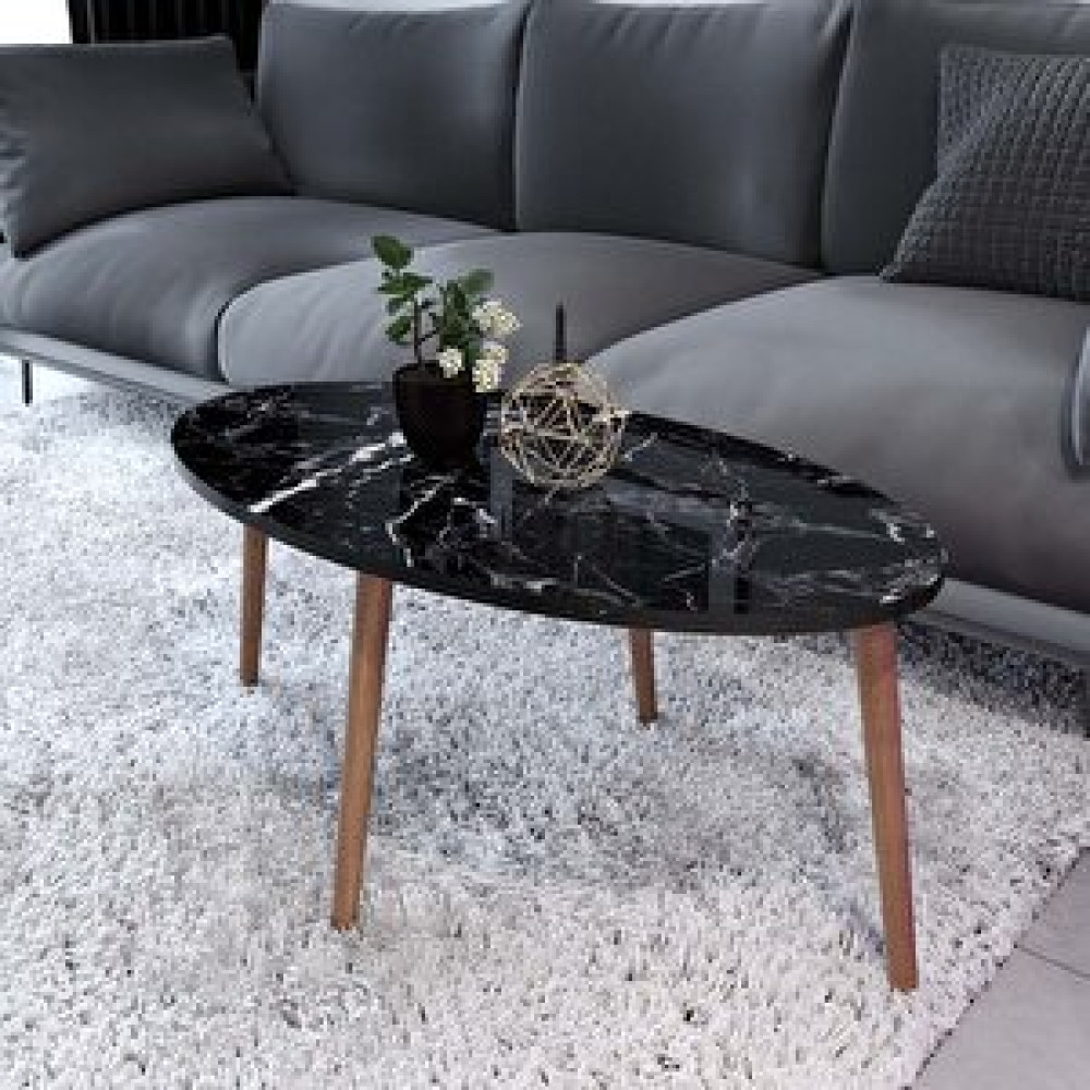 Enda Home Tokyo Orta Sehpa Ahşap Ayaklı Sehpa Siyah Siyah Mermer Orta Sehpa Fiyatı