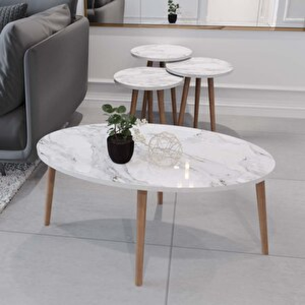 Enda Home Tokyo Orta Sehpa Ve Zigon Sehpa 4'lü Ahşap Ayaklı Salon Seti Beyaz Mermer Desenli Beyaz Mermer Zigon Sehpa Fiyatı