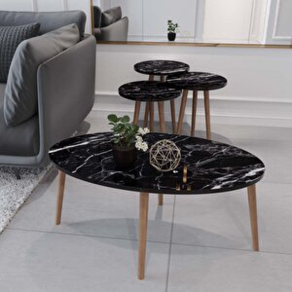 Enda Home Tokyo Orta Sehpa Ve Zigon Sehpa 4'lü Ahşap Ayaklı Salon Seti Sehpa Siyah Mermer Desen Siyah Mermer Zigon Sehpa Fiyatı