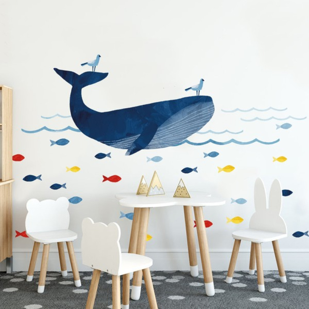 Ender Hediye Balina ve Küçük Renkli Balıklar Çocuk Odası Duvar Sticker - 50 x 70 cm - Mavi Duvar Stickerı Fiyatı