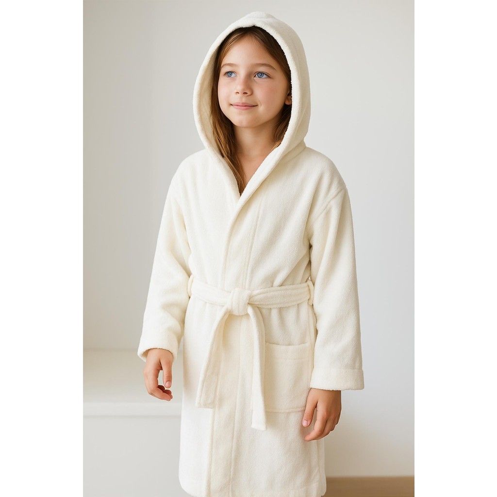 Ender Home CottonVerse Genç & Çocuk Kapşonlu Bornoz – %100 Pamuk, Unisex - 15 - 16 Yaş - Ekru Bornoz Fiyatı