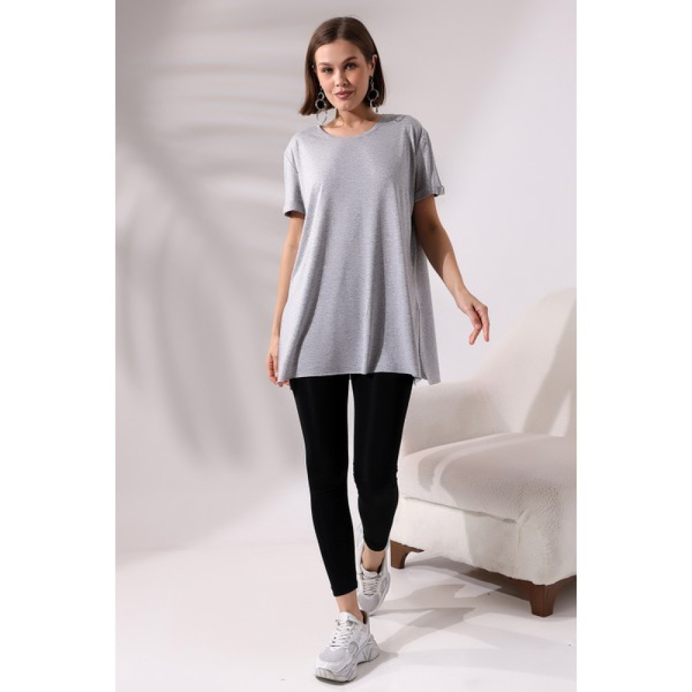 Endies Kolları Katlamalı Yanları Yırtmaçlı Salaş T-Shirt 19598 Grimelanj Bayan T-shirt Fiyatı