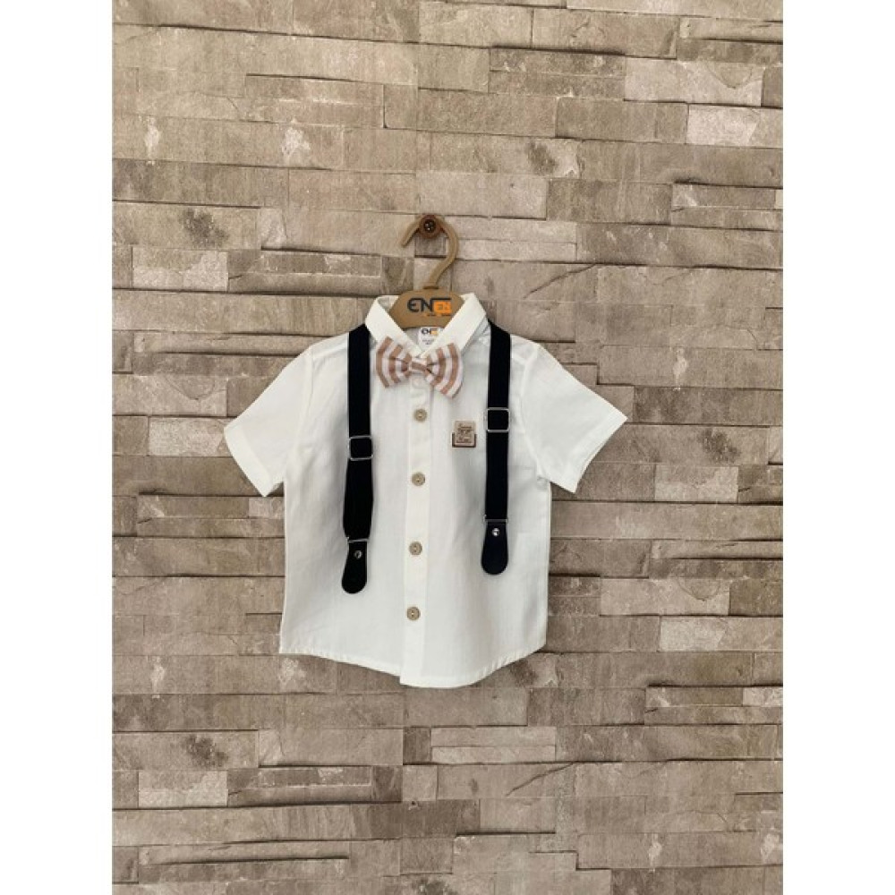 Enen Baby Şortlu Askılı Gömlekli ve Papyon Detaylı Erkek Çocuk Bebek Yazlık Takım- ENEN0001122 - Ekru - 6-9 Ay Bebek Giysi Takım Fiyatı
