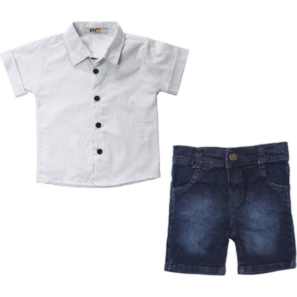 Enen Baby Yazlık Kumaş Kot Şort Gömlek Takım Çocuk Giyim -ENEN0001134 - Beyaz Baskılı - 9-12 Ay Bebek Giysi Takım Fiyatı
